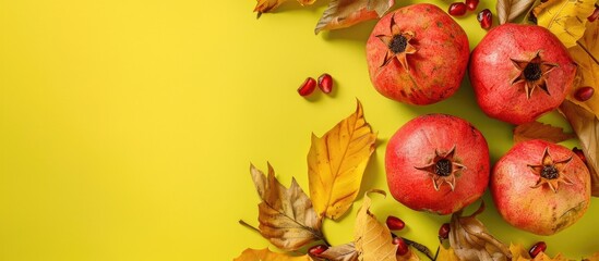 Poster - Autumn themed border arrangement with pomegranates dry leaves on a yellow green backdrop Creative flat lay top view with a copy space image