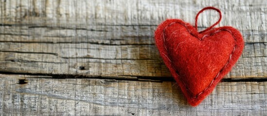 Poster - Handmade red heart crafted from felt resting on a wooden table creating a charming blank for greeting cards with ample copy space image