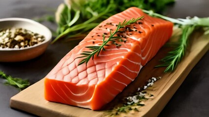 Canvas Print -  Freshly prepared salmon with herbs ready to be served