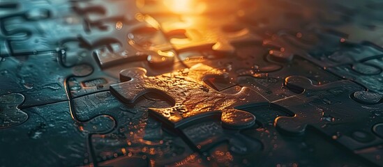 Fototapete - Final jigsaw piece completes mission symbolizing collaboration problem solving and success in a puzzle with a copy space image