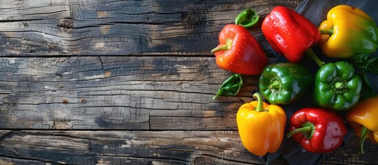 Leinwandbilder - Organic bell peppers fresh and sweet displayed on a wooden surface with ample copy space image for a natural and healthy raw food ingredient