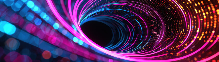 Poster - Vibrant abstract digital art featuring colorful light trails forming a dynamic tunnel effect, perfect for futuristic and technological design concepts.