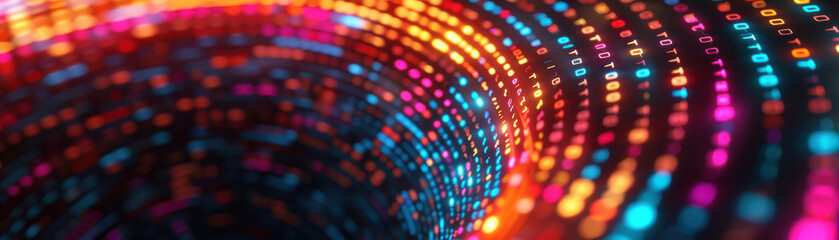 Poster - Vibrant LED lights forming a dynamic, colorful tunnel with binary code patterns, representing digital data flow and futuristic technology concepts.