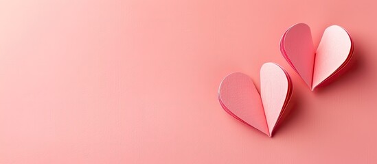 Poster - A high quality photo of two paper hearts on a pastel pink background symbolizing a love relationship with ample copy space in the image