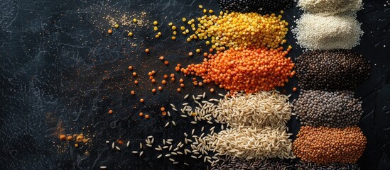 Leinwandbilder - Assortment of buckwheat lentils rice millet barley corn black rice on black backdrop viewed from above with space for text. with copy space image. Place for adding text or design