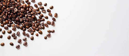 Fototapete - Coffee grains artfully arranged on a white backdrop with copy space image