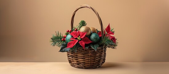 Poster - Holiday themed mock up with a basket filled with toy balls a sprig of fir poinsettia and berries creating a festive decoration all set against a copy space image for text in a template for seasons gr