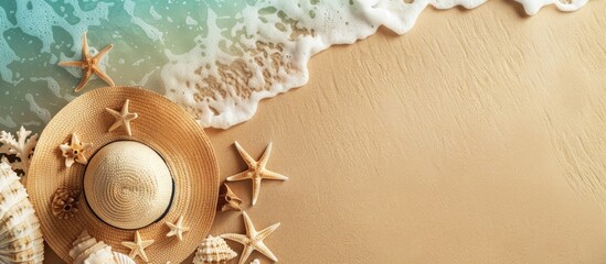 Aufkleber - Aerial shot of a sandy beach showcasing summer items with ample space for text or images Ideal for promotional use