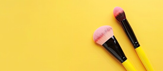 Poster - Makeup essentials like a facial highlighter and bright brush displayed atop a yellow backdrop in a flat lay composition with copy space image