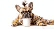 © David Giraud - Un chien de race bouledogue français mignon et drôle en robe de chambre devant une tasse à café sur un fond isolé.