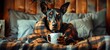 © David Giraud - Un chien de race doberman, drôle, dans une couverture sur un lit, tenant une tasse de café dans une chambre à coucher.