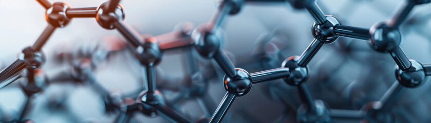 Poster - Close-up view of molecular structure model with connected atoms forming hexagonal patterns, representing concepts of chemistry, science, and technology.