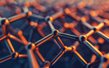 Poster - Close-up of interconnected molecular structure with glowing orange highlights, showcasing a complex network of atoms or molecules. High-tech and scientific.