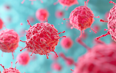 Poster - Close-up of pink cells on a blue background, representing biology, science, or medical research. Detailed, vibrant, and educational imagery.