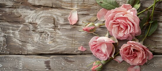 An antique Valentine card concept featuring pink roses on a weathered wooden surface with room for text or images. with copy space image. Place for adding text or design