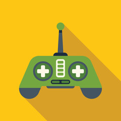 Poster - green radio remote control with antenna having plus sign buttons is pictured on yellow background