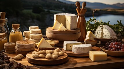 Sticker - Packaging for artisanal cheeses, including wax-coated rounds and paper wraps. The items are shown with rustic, handcrafted designs.  