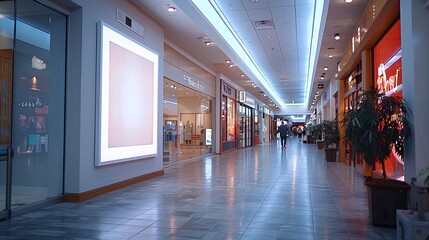 Poster - Empty white signboard on a wall inside a public shopping center, positioned between retail outlets