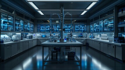 Poster - A view of a modern, high-tech laboratory equipped for microorganism engineering.