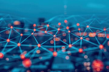 Poster - Abstract network and technology connections with glowing red nodes and cityscape background, illustrating digital communication and data exchange.