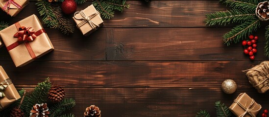 Poster - Wooden background adorned with Christmas gift boxes and pine cones ideal for a Christmas themed copy space image