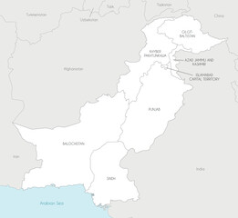  Vector regional map of Pakistan with provinces and territories and administrative divisions, and neighbouring countries and territories. Editable and clearly labeled layers.