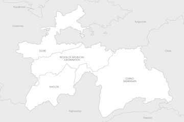  Vector regional map of Tajikistan with provinces and administrative divisions, and neighbouring countries and territories. Editable and clearly labeled layers.