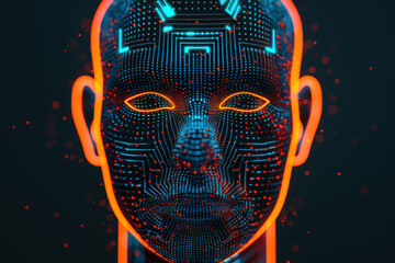 Poster - A futuristic digital face with glowing neon circuits, symbolizing artificial intelligence and technology advancements in a dark background.