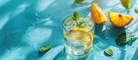 Leinwandbilder - Refreshingly popular a glass of water with peppermint and lemon on a blue backdrop creating a vibrant copy space image