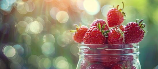 Leinwandbilder - Fresh bright red strawberries in a glass jar with selective focus on the subject against a blurred background giving a toned effect in the copy space image
