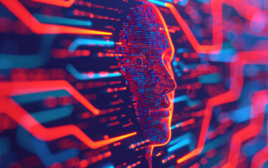 Poster - Abstract digital human face with glowing circuits, representing artificial intelligence and futuristic technology in vibrant red and blue colors.