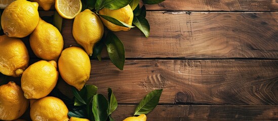 Leinwandbilder - Top view of fresh lemons on a wooden surface with a blank area for added text or images creating a visually appealing copy space image