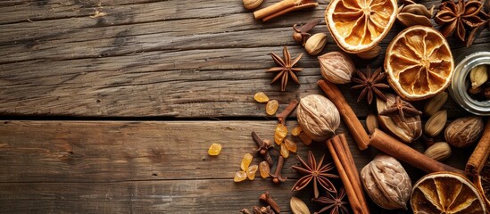 Poster - Wooden background with dry fruits and anise creating a rustic setting for a copy space image