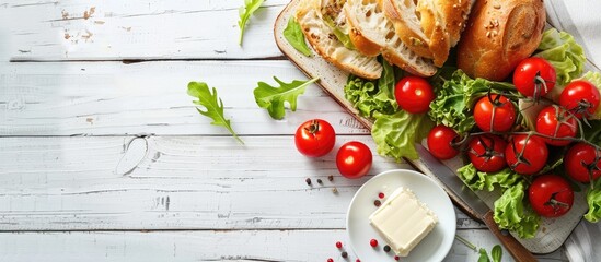 Aufkleber - A fresh ripe brunch with cherry tomatoes on a cutting board accompanied by green lettuce bread and butter set on a white wooden table with copy space image