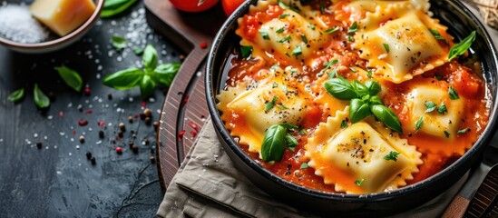 Poster - A healthy meal on the table featuring ravioli stuffed with fish in a fresh tomato sauce with a copy space image of food in the background