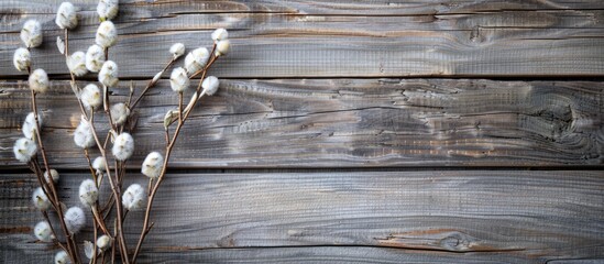 Wall Mural - Wooden background holding a pussy willow bunch on an Easter greeting card ideal for a copy space image