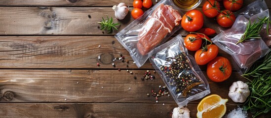 Aufkleber - Sous Vide cooking concept featuring vacuum sealed ingredients on a wooden backdrop with a top view showcasing a copy space image