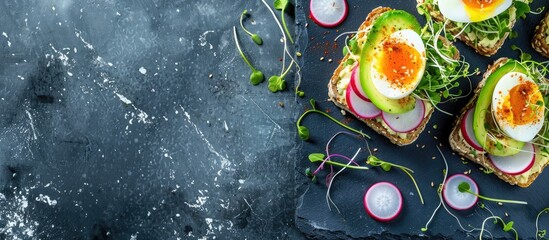 Poster - Healthy vegetarian open sandwiches topped with avocado radish boiled egg and sprouts perfect for showcasing in a copy space image