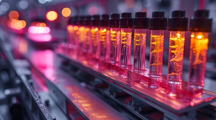 Poster - a close-up image of a series of lab-on-a-chip devices lined up on a conveyor belt in a manufacturing
