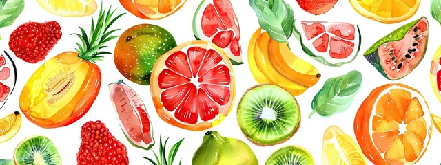 Wall Mural - Various citrus fruits watercolor drawing. Selective focus.