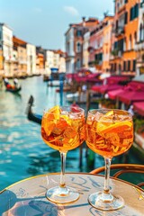 Wall Mural - Two glasses of Aperol against the backdrop of Italy. Selective focus.