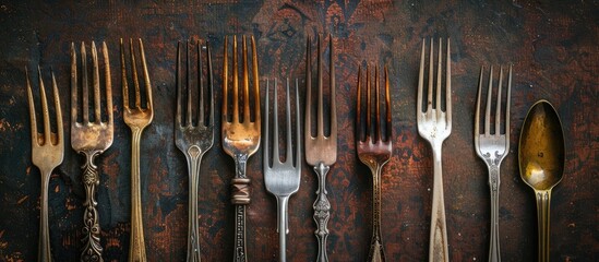 Poster - Various vintage forks displayed on a textured surface with a copy space image