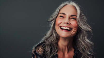 Beautiful carefree natural looking older woman with natural grey white hair, smiling broadly, age positivity, graceful, landscape format 16:9 with copy space 