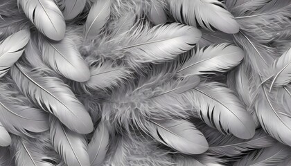 Wall Mural - Gray feathers background. Close-up of soft, fluffy bird wing texture.