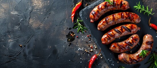 Poster - Stone background featuring grilled Bavarian sausages with room for text in the image. Copy space image. Place for adding text and design