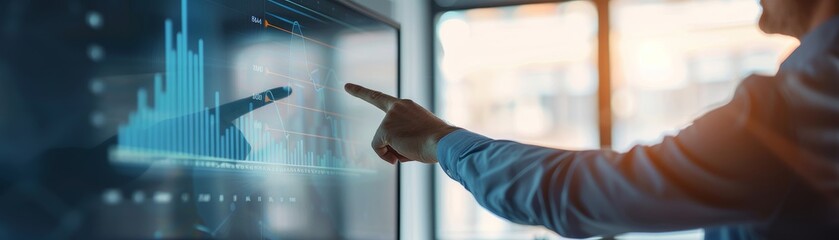 Poster - businessman analyzing data on large digital screen, interactive technology, financial growth, business strategy, modern office, data visualization, digital marketing, technology innovation, business s