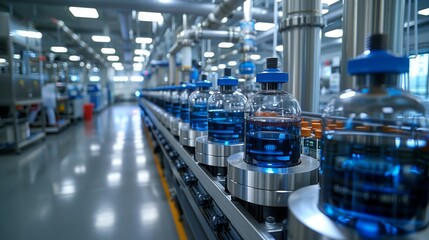 Poster - close-up of industrial conveyor belt with large blue liquid-filled containers moving along surrounde