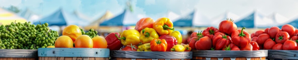 Wall Mural - freshly harvested colorful fruits and vegetables displayed in wooden baskets with a blurred background of blue and white fabric canopies at a farmers market - vibrant summer produce - healthy eating