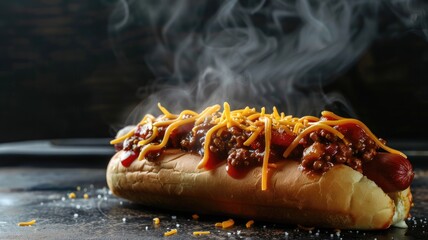 Poster - Steaming hotdog topped with chili, sauce, and shredded cheese