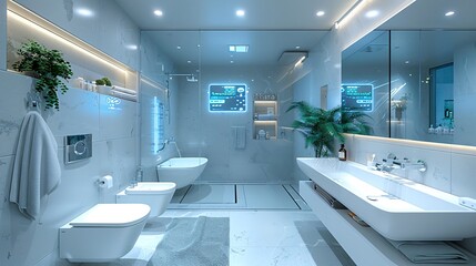 Poster - Bathroom in a smart home with holographic displays for personalized health monitoring, water temperature settings, and mirror interface for daily routines
